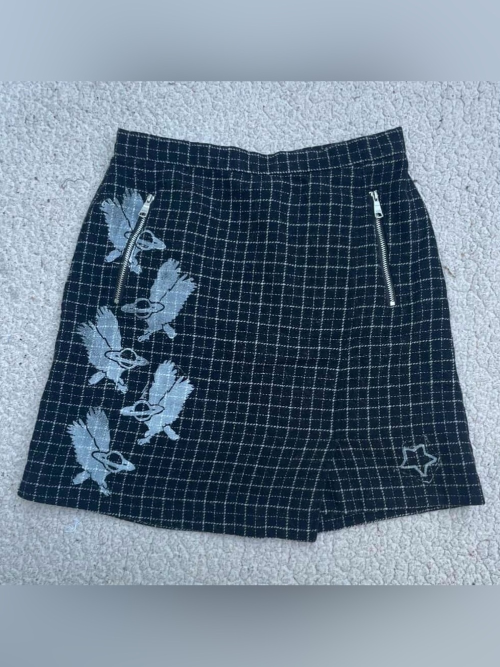Black Upcycled Grid Mini Skirt with White Space Bird Handprinted